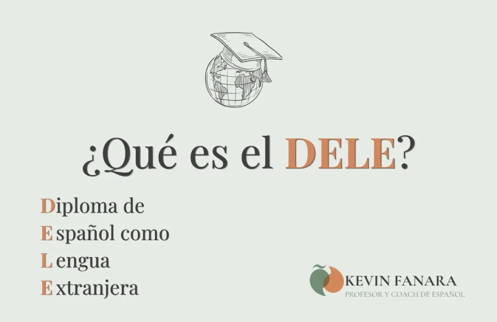 Ilustración de un globo terráqueo con birrete de graduación y el acróstico DELE: Diploma de Español como Lengua Extranjera.