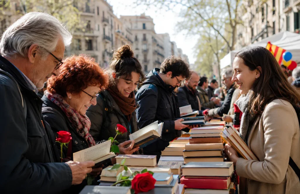 Personas comprando y mirando libros en un puesto callejero durante Sant Jordi en Barcelona.