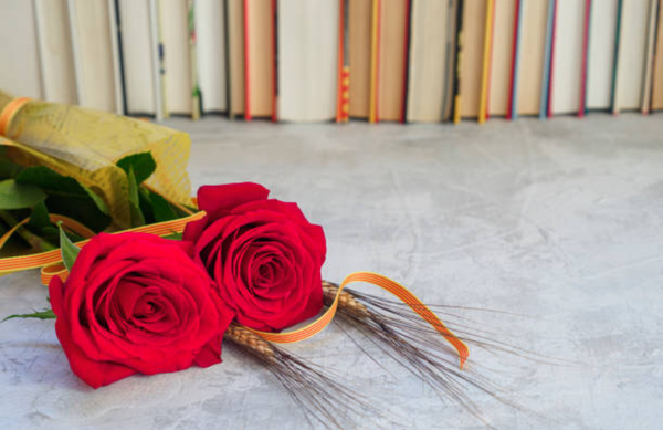 Dos rosas rojas con la cinta de la bandera catalana y espigas de trigo, con un fondo de libros para la festividad de Sant Jordi.